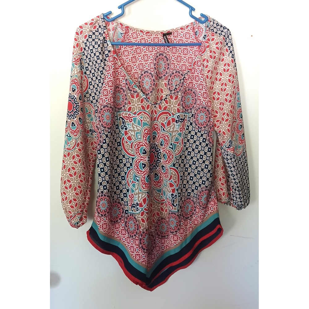 HeartSoul Boho Women M Medallion Print Handkerchief Hem Blouse Red Teal Peasant